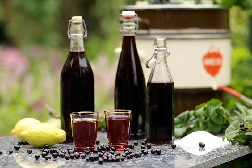 Zwartebessenlimonade in flessen en glaasjes met een citroen en zwarte bessen ter decoratie